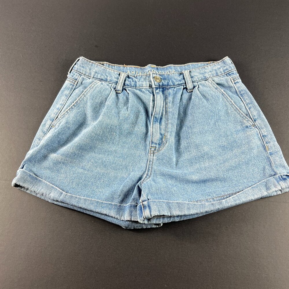 American Eagle Short Women Measured 29 Mom Blue Faded Cuffed Pleated Denim Tag 6